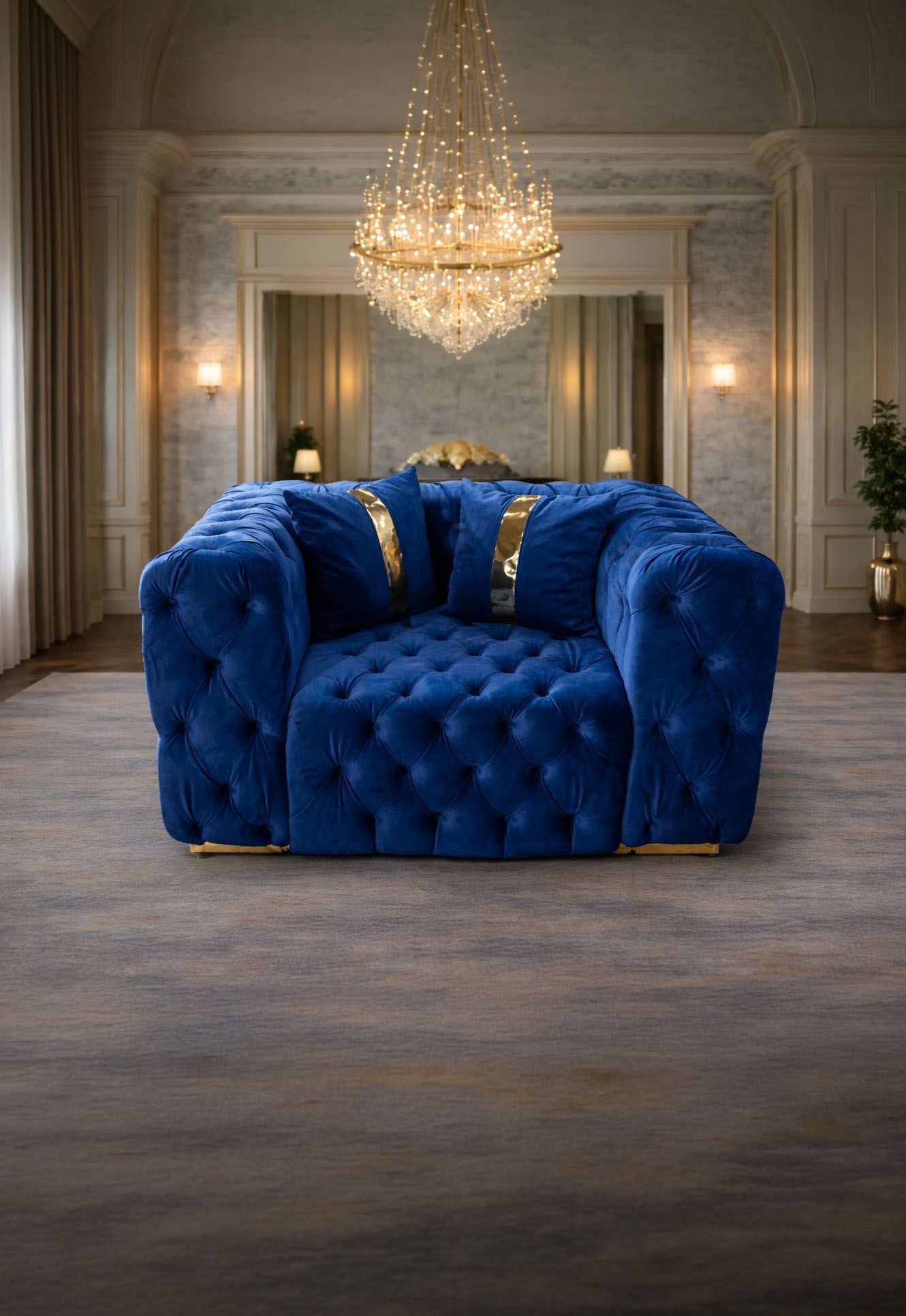 Fotoliu California tapitat cu catifea de la IMPACT MOB, cu un design elegant și confortabil, pe fundal neutru.