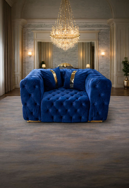 California velvet armchair by IMPACT MOB with plush fabric and modern design, showing its comfortable cushioned seat and stylish appearance.