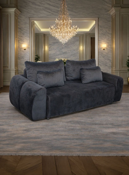 Canapea extensibilă Athena de la IMPACT MOB, cu ladă de depozitare, prezentată dintr-un unghi lateral elegant.