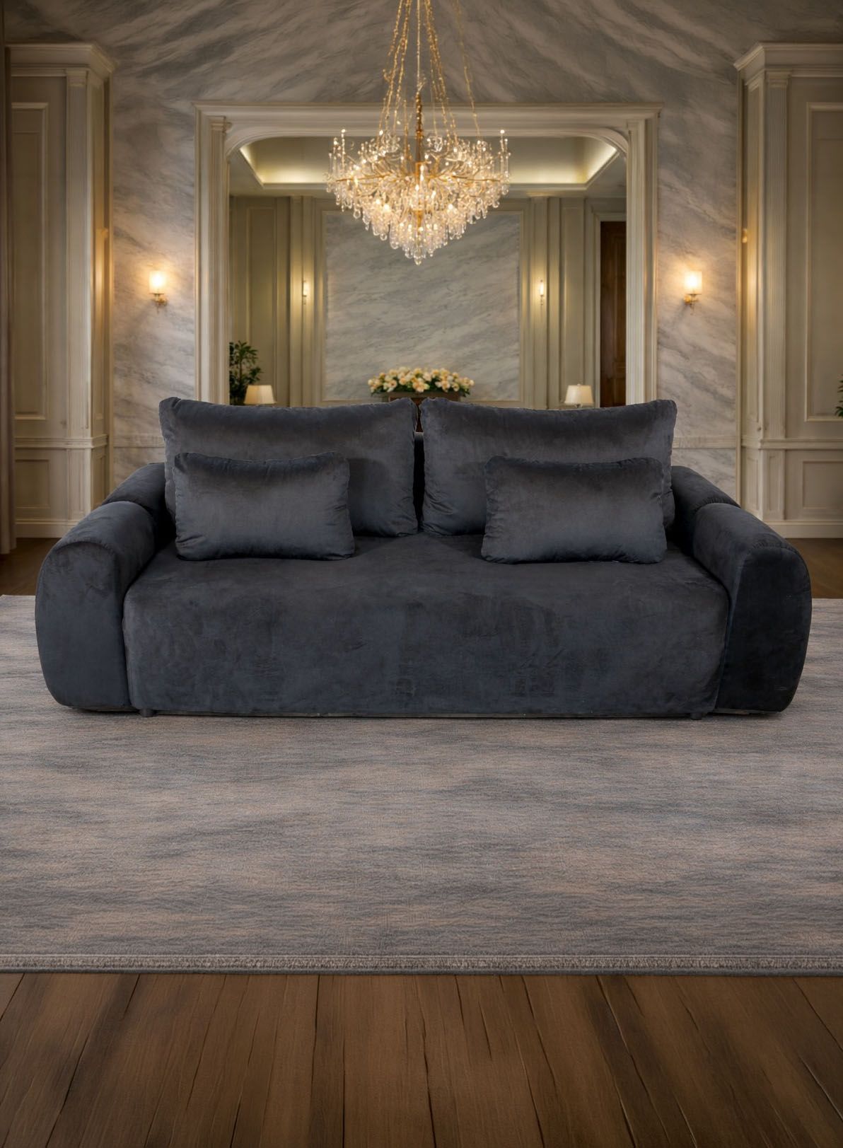 Canapea extensibilă Athena de la IMPACT MOB, cu ladă de depozitare, în nuanță elegantă, prezentată din unghi lateral.