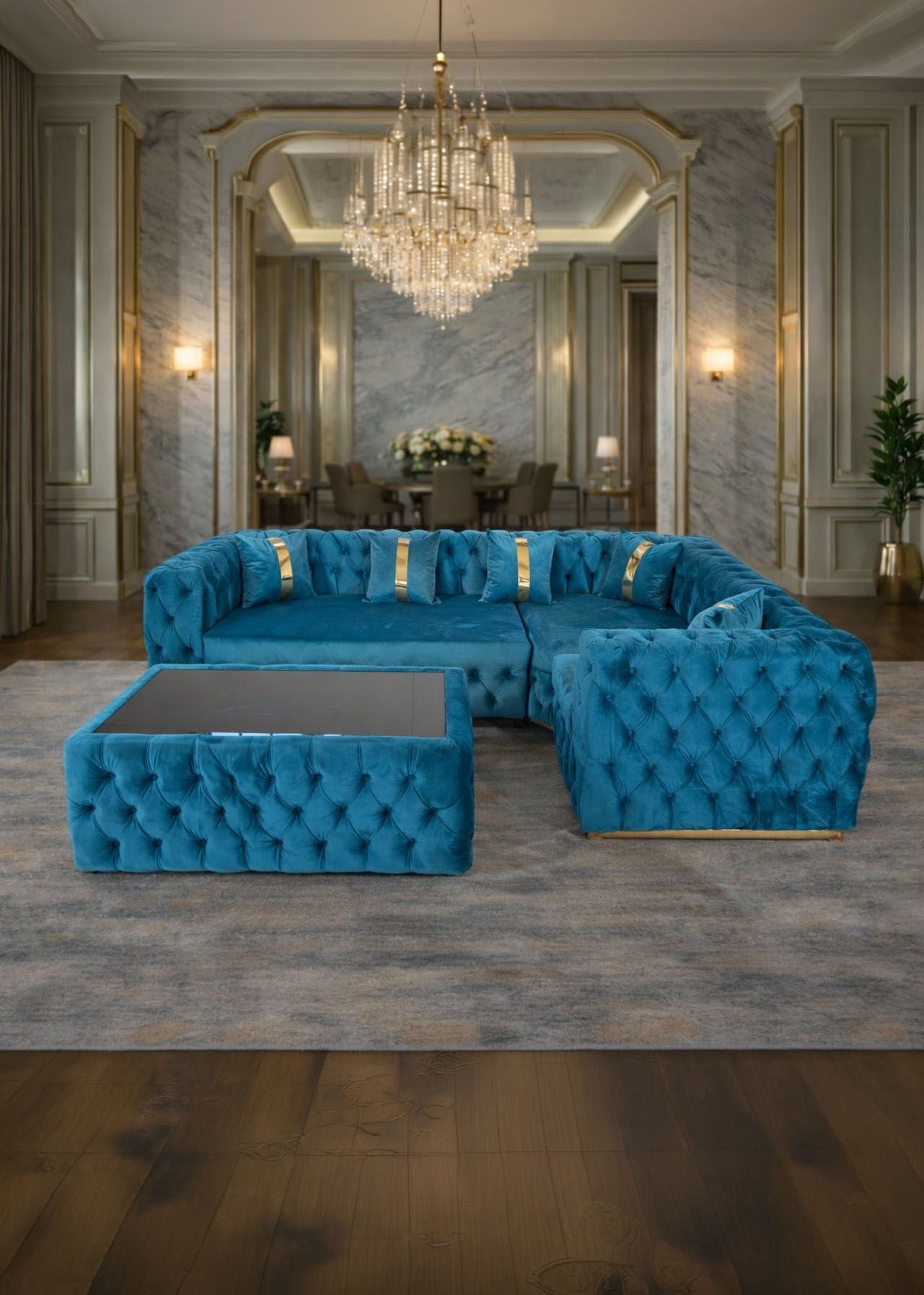 California fixed sectional sofa 180 x 270 cm with a coffee table from IMPACT MOB in a modern living room setting.