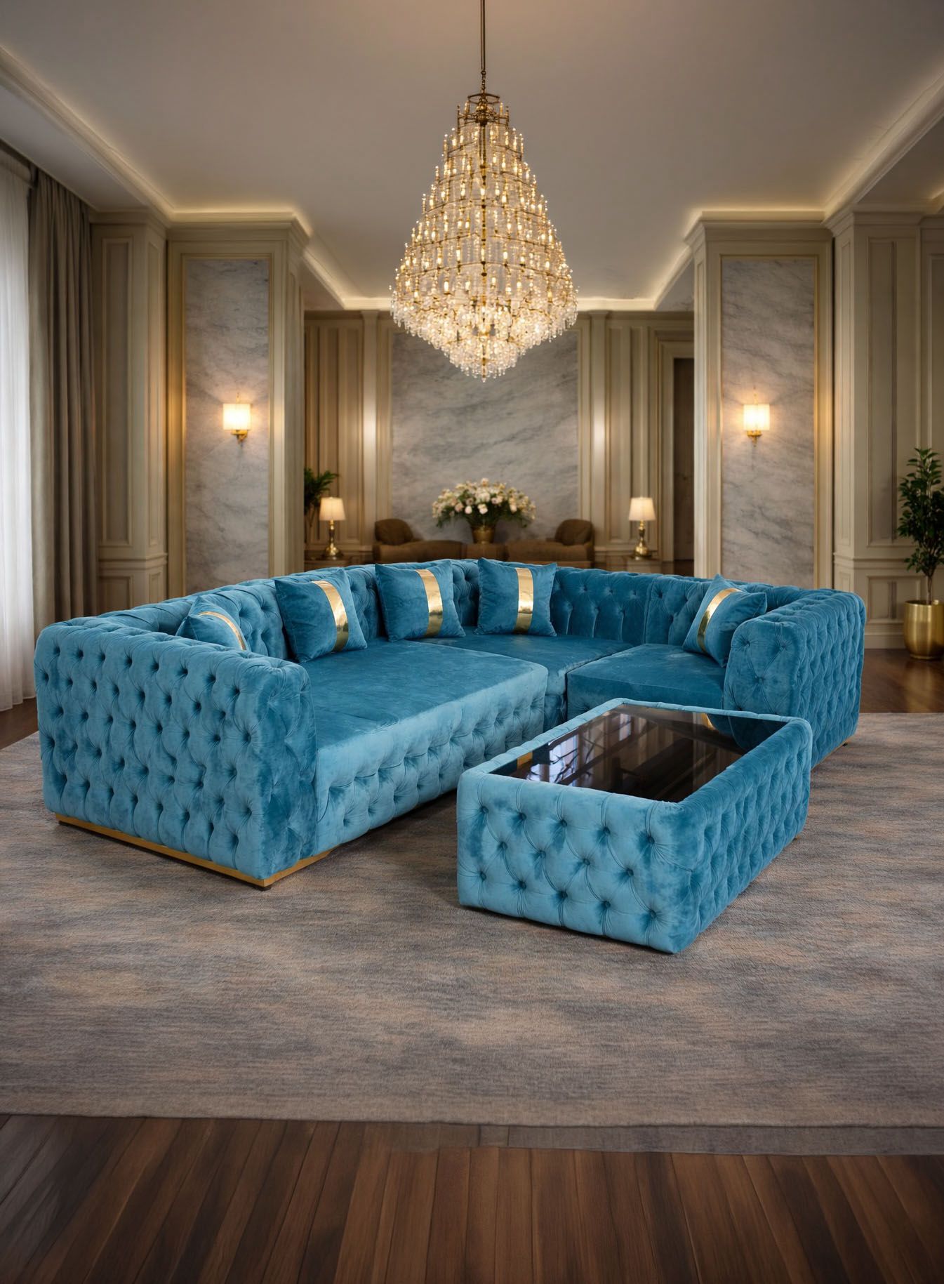 California fixed corner sofa 180 x 270 cm with coffee table by IMPACT MOB in a modern living room setting.