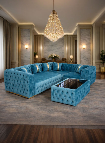 California fixed corner sofa 180 x 270 cm with coffee table by IMPACT MOB in a modern living room setting.