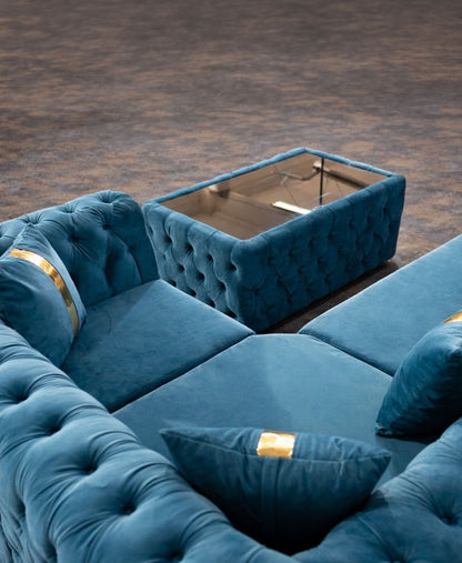 California fixed corner sofa 180 x 270 cm with coffee table by IMPACT MOB in a modern living room setting.