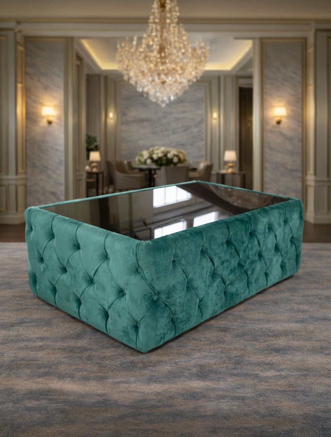 Lugano extensible corner sofa 180 x 270 cm with a coffee table, featuring a modern design and comfortable seating.