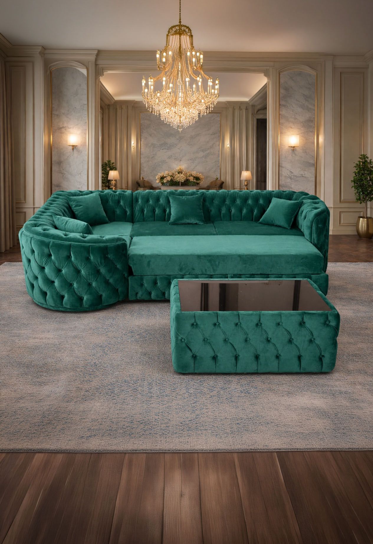 Lugano extensible corner sofa 180 x 270 cm with coffee table in modern living room setting by IMPACT MOB.