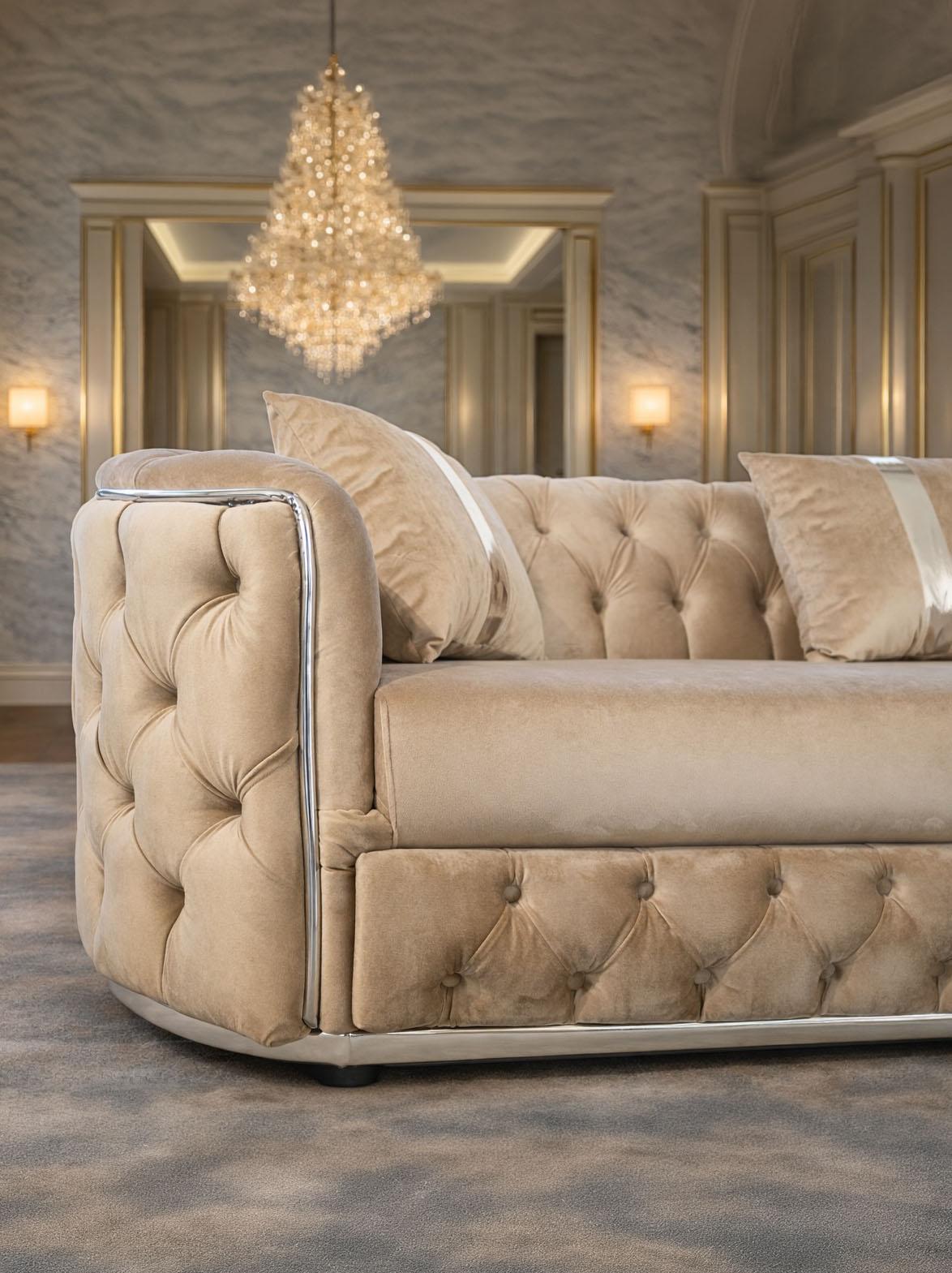 Lugano IMPACT MOB velvet-upholstered corner sofa in taupe with 480cm x 180cm dimensions, shown from the side.