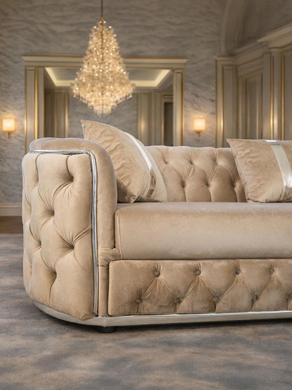Lugano IMPACT MOB velvet-upholstered corner sofa in taupe with 480cm x 180cm dimensions, shown from the side.