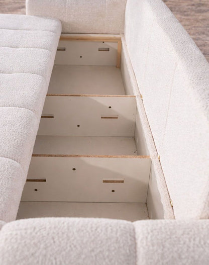 Lisabona extendable sofa with storage drawer by IMPACT MOB, showcasing fabric upholstery and built-in storage compartment.