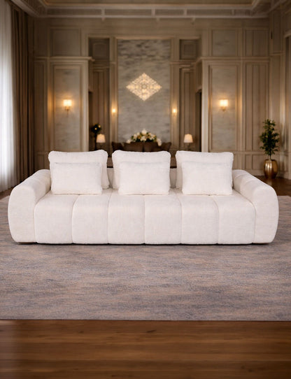 Canapea extensibilă Lisabona IMPACT MOB cu ladă de depozitare, tapițată în material textil de culoare neutră și design modern.