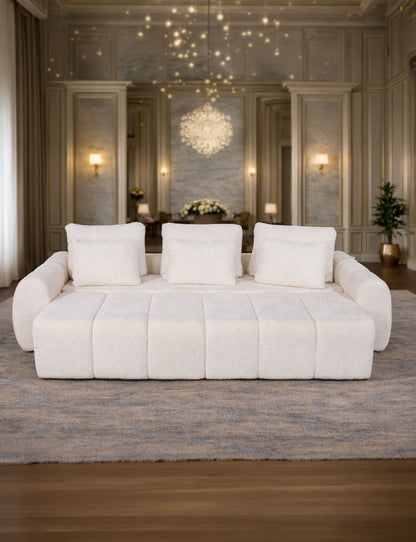 Lisabona extendable sofa with storage drawer by IMPACT MOB, showing the fabric upholstery and built-in compartment.