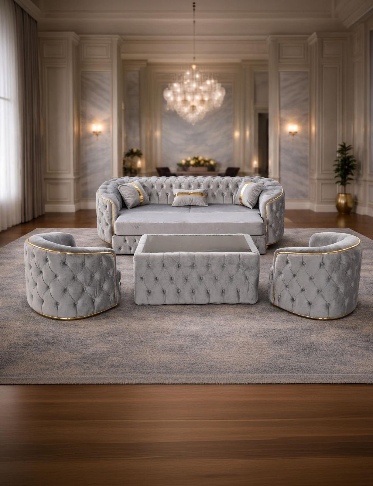 Lugano extendable sofa set with two armchairs and coffee table by IMPACT MOB, shown with cushions in a modern living room setup.