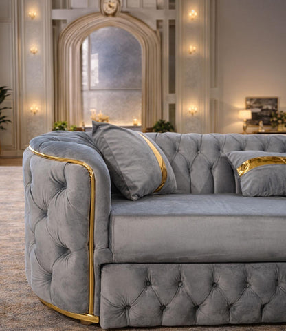 Lugano extendable sofa set with two armchairs and coffee table by IMPACT MOB, arranged in a modern living room setting.