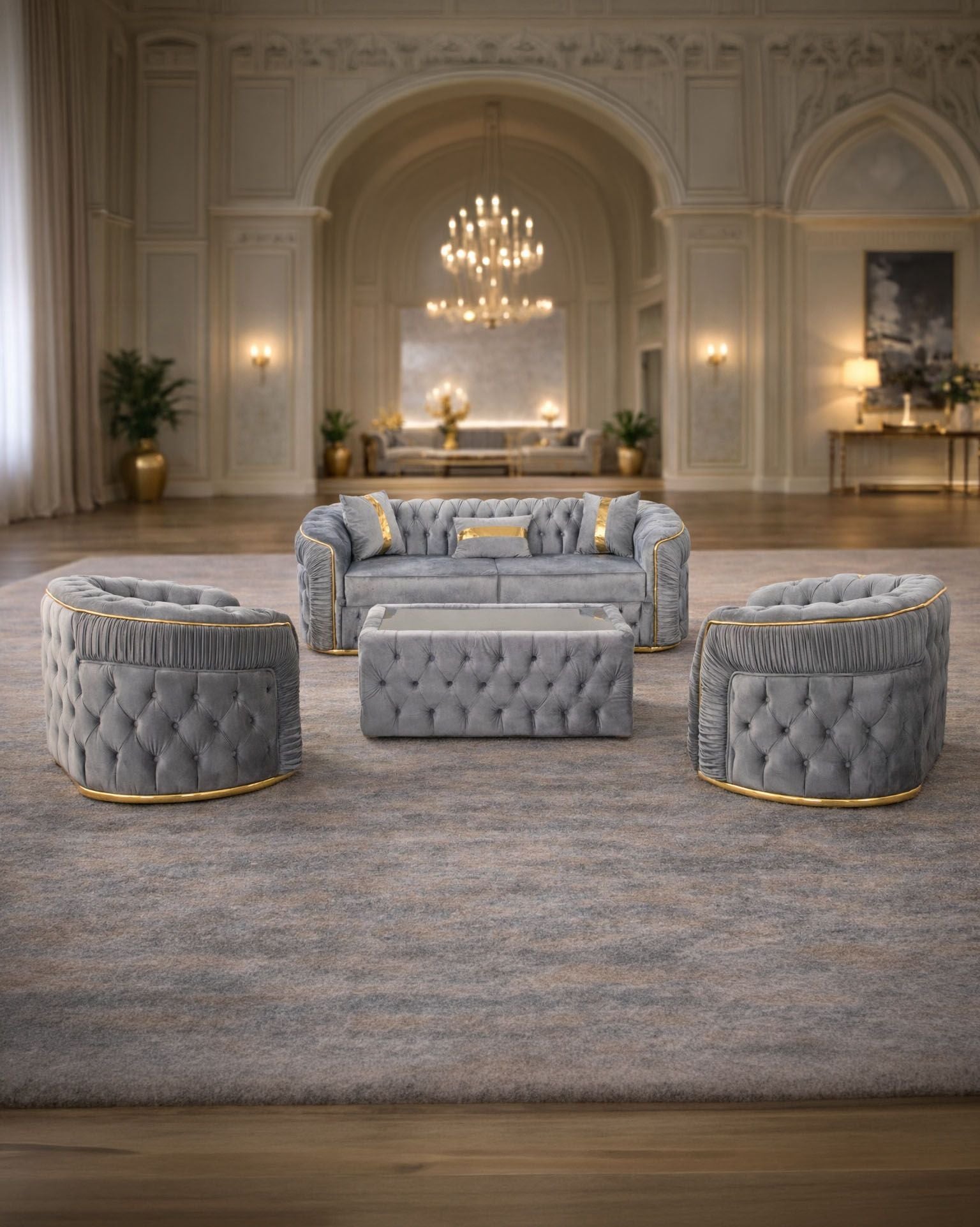 Xtreme three-seater extendable sofa with two armchairs and coffee table in modern living room setting. Impact Mob furniture.