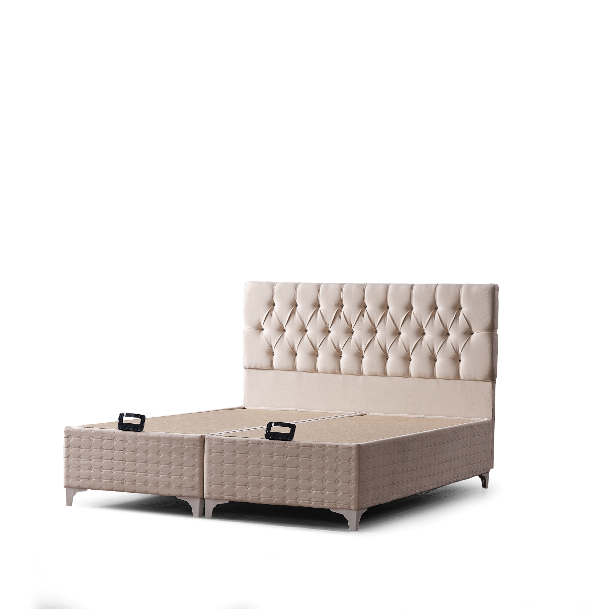 Dormitor decorat cu pat tapițat din catifea de lux, evidențiind combinația de nuanțe și accesorii decorative.