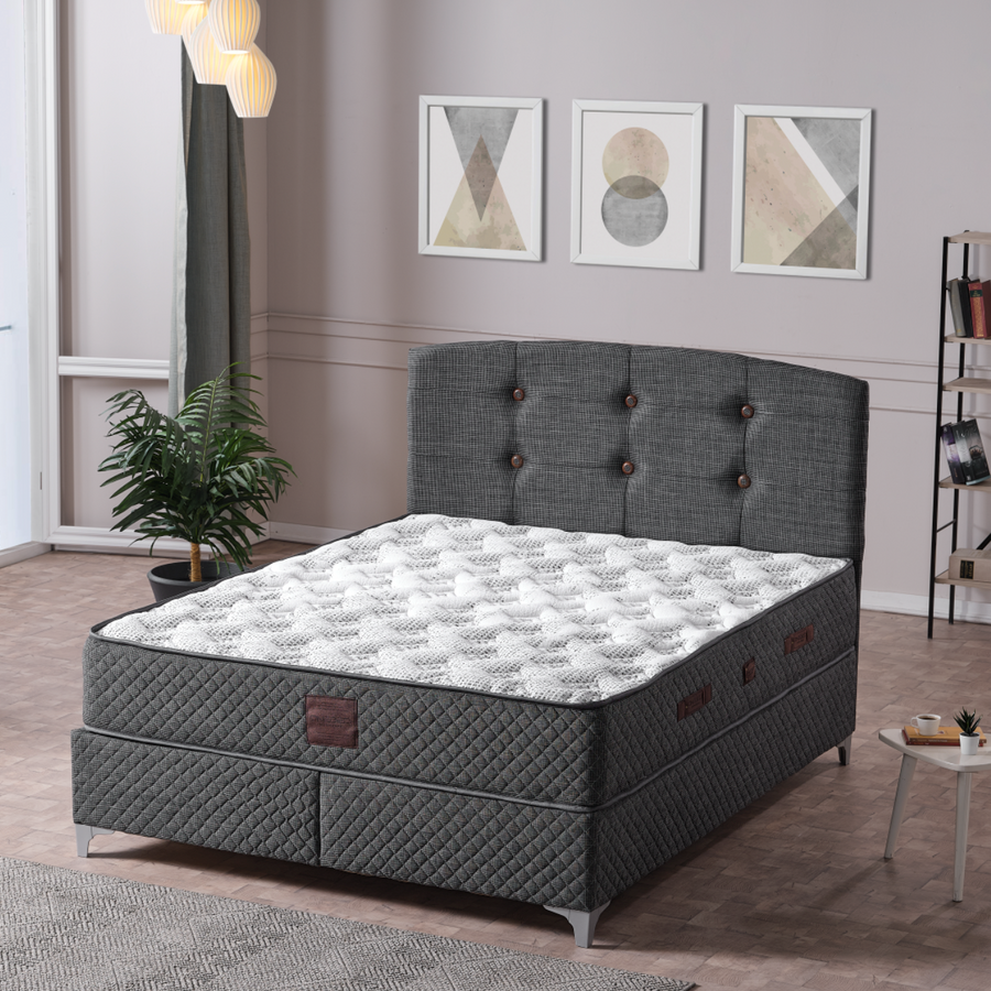 Pat Boxspring Samba din Catifea, cu Saltea și Depozitare