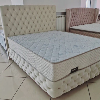 Pat tapițat cu saltea inclusă, ladă depozitare, somieră rabatabilă, catifea – Model Boxspring Aqua