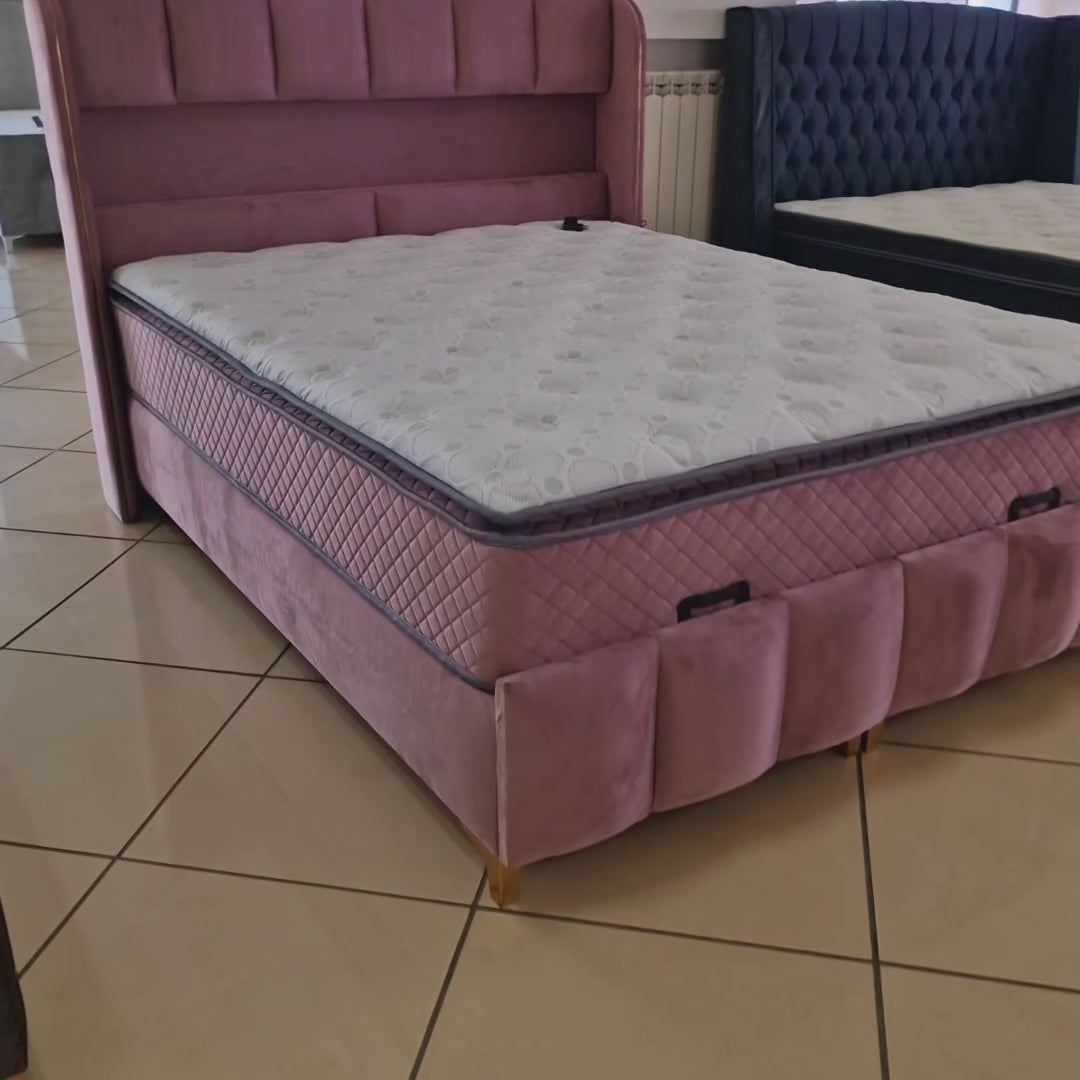 Pat tapițat cu saltea inclusă, ladă depozitare, somieră rabatabilă, catifea – Model Boxspring Floresa