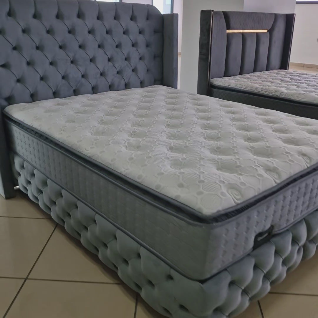Pat tapițat cu saltea inclusă, ladă depozitare, somieră rabatabilă, catifea – Model Boxspring Premium