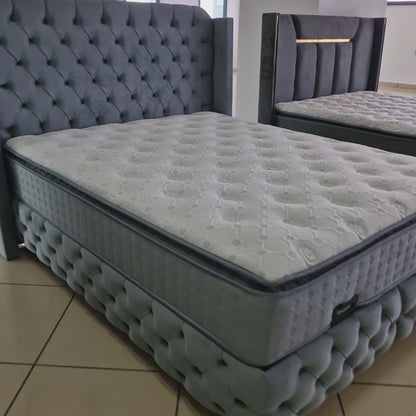 Pat tapițat cu saltea inclusă, ladă depozitare, somieră rabatabilă, catifea – Model Boxspring Premium