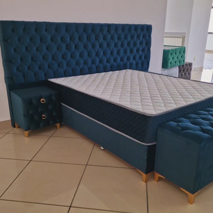 Pat tapițat cu saltea inclusă, ladă depozitare, somieră rabatabilă, catifea – Model Boxspring Valura