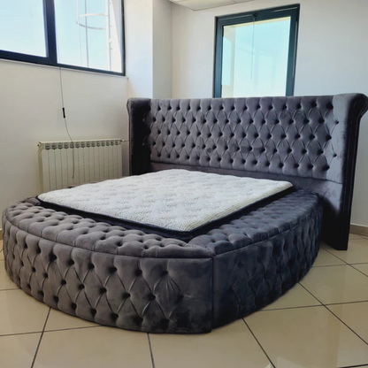 Pat tapițat cu saltea inclusă, ladă depozitare, somieră rabatabilă, catifea – Model Boxspring Wisconsing